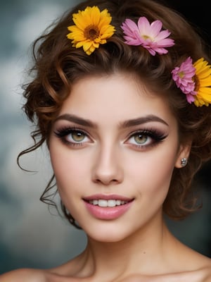 ((HDR)), Extremely Realistic, hyper realistic, perfect teeth, a mexican supermodel, 23y.o. ,  cyan mini dress, flowers print, ((eyelashes)), colored lips, smile, curly red_hair, chubby, ((smokey eyes)), (make_up), night glowy street , photo of perfecteyes eyes, knee up photo from side