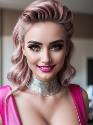 photorealistic, intricate, ((quality)), 8k, (UHD), vivid colors , natural face, ((eyelashes)), skin texture, a ((beautiful)) colombian, 23 y.o., fancy slit dress, ripped, wavy pink_hair, buns, ((cleavage)), sultry smile, perfect teeth, silver redhair, sexy posing, thigh boots, laying, photo of perfecteyes eyes