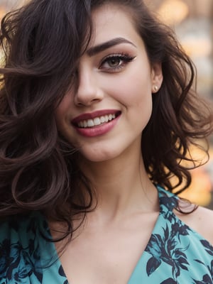 ((HDR)), Extremely Realistic, hyper realistic, perfect teeth, a mexican supermodel, 23y.o. , wearing a cyan mini dress, flowers print, ((eyelashes)), red lips, smile, curly red_hair, chubby, ((smokey eyes)), (make_up), night glowy street , photo of perfecteyes eyes, knee up photo from side