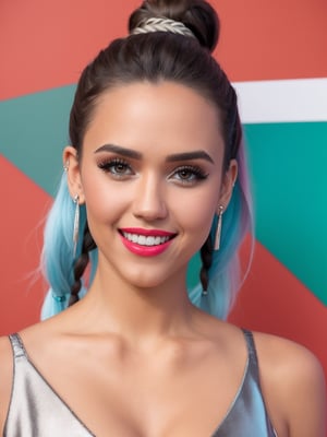 photorealistic, ((quality)), 8k, (UHD:1.23), a beautiful mexican, fractal embrodeiry, ((makeup)), ((eyelashes)), blue turquoise leather mini dress, laces, ponytail braided hair, asymmetric_bangs, colored lips,  (cleavage), sultry smile, perfect teeth, silver pinkhair, (posing), red carpet, resemble jessica alba