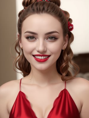 very realistic, 8k,  Masterpiece, Realism, facing camera, a beautiful Sexy woman, silk mini dress, ((cleavage)), braids, red hair, large full round breasts,  sultry smile, colored lips, perfect teeth, hazel, seductive pyjama party, laces, knee up photograph