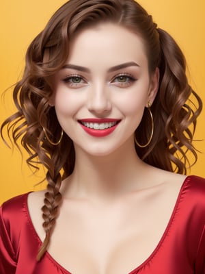 very realistic, 8k, masterpiece, facing camera, a beautiful Sexy woman, tight silk mini dress, braids, curly red hair, large full round breasts,   sultry smile, colored lips, perfect teeth, hazel, pyjama party, Masterpiece, Realism, knee up photograph