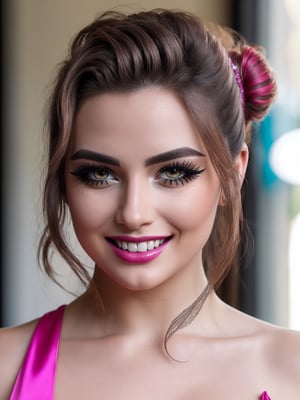photorealistic, intricate, ((quality)), 8k, (UHD), vivid colors , natural face, ((eyelashes)), skin texture, a ((beautiful)) colombian, 23 y.o., fancy slit dress, ripped, wavy pink_hair, buns, ((cleavage)), sultry smile, perfect teeth, silver redhair, sexy posing, laying, photo of perfecteyes eyes