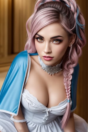 (vivid colors), HDR, ((best quality)), masterpiece , intricate details, 8k, beautiful detailed face, skin pores, (beautiful detailed eyes), ((eyelashes)), 23yo., a happy woman posing to camera,  , sultry smile, pink blue braids, asymmetrical hair, (large breast), ornaments, thigh boots, laces, delicate transparent cape, full body picture, (punk maid bourlesque theme), , tanned, light lipstick, resemble avril lavigne and lucy pinder and megan fox