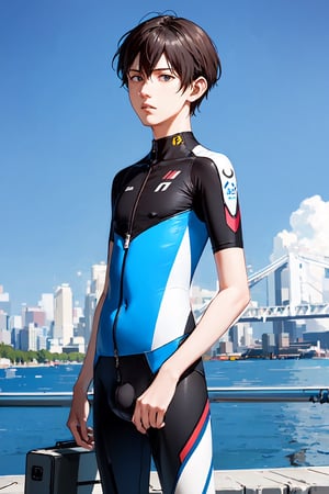 skinny boy, thin boy, teeny, (very skinny:1.5), young boy, elf, slim waist, in triathlon suit, evangelion like, cyberpunk background, bionic hand, masterpiece, best quality, highly detailed beautiful face, full_body, slim waist, teeny, very skinny, teenager, solo_male,nanase_haruka,evangelion mecha