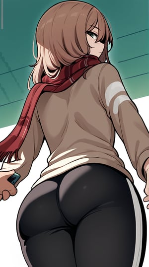 woman, voyeur, freckles, looking back, looking at viewer, (eyes with dark circles, tired look), (long hair, reddish brown hair, disheveled), ((light brown sweatshirt, scarf with white and dark green lines)), school, sports playground, volleyball ball on the ground, view from below, view from behind, (wide hips with transparent black sports pants with white stripes on the sides), hand below holding a cell phone with pink tips