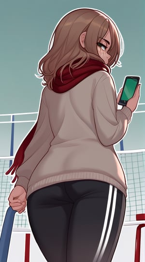 woman, voyeur, freckles, looking back, looking at viewer, (eyes with dark circles, tired look), (long hair, reddish brown hair, disheveled), ((light brown sweatshirt, scarf with white and dark green lines)), school, sports playground, volleyball ball on the ground, view from below, view from behind, (wide hips with transparent black sports pants with white stripes on the sides), hand below holding a cell phone with pink tips