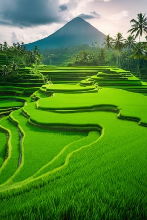 a winding road through a lush green rice field, framed by towering volcanoes in the background, taken with a DSLR camera with a wide-angle lens, natural lighting, and a landscape style. The location is the Tegalalang Rice Terraces in Bali, Indonesia. 
