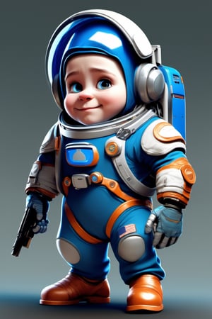 Cartoon character, 12 years old, 3d, no nose, blue color, cute, dwarf, pixar style, hold gun, astronaut suit, stand alone, full body, photo realistic, smiling, high tech, sophisticated 