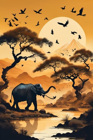 ink scenery, tree, scenery, architecture, mountain, bird, east asian architecture, sun,golden theme, muted color, ink art , A photo of a flock of ababil birds dropping flaming clay stones from their mouths onto a herd of elephants in a desert valley at sunset, taken with a DSLR camera with a telephoto lens, natural lighting, and a dramatic style.