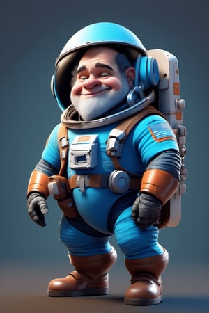 Cartoon character, 3d, no nose, blue color, cute, dwarf, pixar style, hold gun, astronaut suit, stand alone, full body, photo realistic, smiling, high tech, sophisticated 