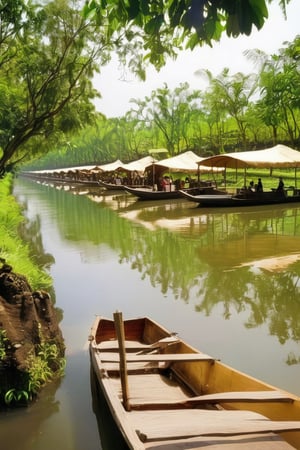 A water tourism location for a river cruise with a background of salak orchards, located in Yogyakarta, Indonesia. The location should be easily accessible and offer a variety of activities, such as boating, swimming, and hiking. The river should be clean and clear, and the salak orchards should be lush and green.