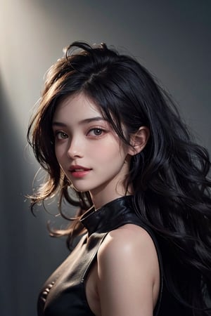 a 20 yo woman, black wavy hair, look at viewer, from front, (hi-top fade:1.3), dark theme, soothing tones, muted colors, high contrast, (natural skin texture, hyperrealism, soft light, sharp) , smile