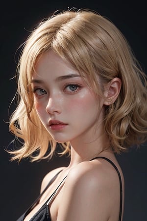 a 20 yo woman, blonde wavy hair, look at viewer, from front, (hi-top fade:1.3), dark theme, soothing tones, muted colors, high contrast, (natural skin texture, hyperrealism, soft light, sharp) , (embarrassed,blush:1.1)