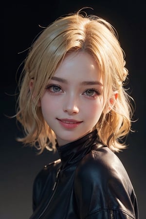 a 20 yo woman, blonde wavy hair, look at viewer, from front, (hi-top fade:1.3), dark theme, soothing tones, muted colors, high contrast, (natural skin texture, hyperrealism, soft light, sharp) , (smile)