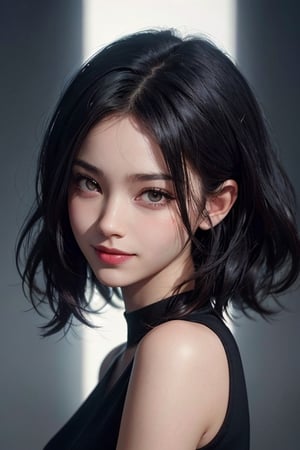 a 20 yo woman, black wavy hair, look at viewer, from front, (hi-top fade:1.3), dark theme, soothing tones, muted colors, high contrast, (natural skin texture, hyperrealism, soft light, sharp) , smile