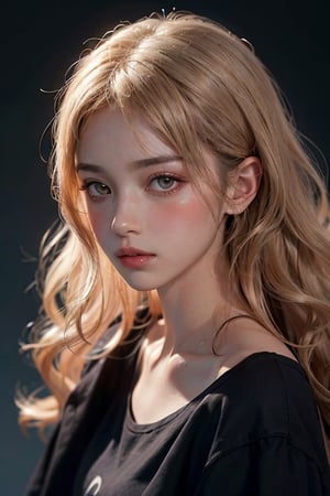 a 20 yo woman, blonde wavy hair, look at viewer, from front, (hi-top fade:1.3), dark theme, soothing tones, muted colors, high contrast, (natural skin texture, hyperrealism, soft light, sharp) , (embarrassed,blush:1.2)