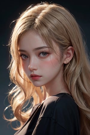 a 20 yo woman, blonde wavy hair, look at viewer, from front, (hi-top fade:1.3), dark theme, soothing tones, muted colors, high contrast, (natural skin texture, hyperrealism, soft light, sharp) , (embarrassed,blush:1.2)