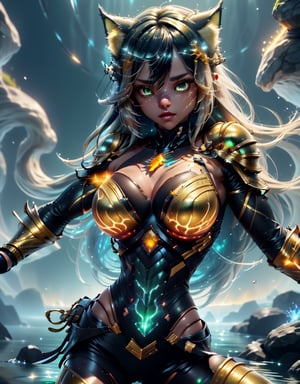 good quality, HD, particles of light, [((neko woman, hair, gray with light blue stripes, shiny, round eyes, green eyes with golden edges, shiny cupilas, good figure, light armor combat posture))]. fighter, attacking the viewer with her fists, attacking action, monsters in the distance, blood particles,