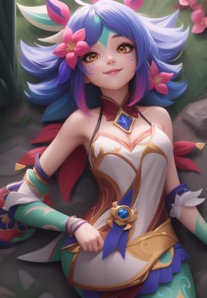 masterpiece, best quality, neeko, full body, facial markings, hair decorations, hair flower, crop top, close-up, face, portrait, blue sky, smile, closed mouth, neeko, full body, lying on the floor, Neeko,kirara /(genshin impact/)