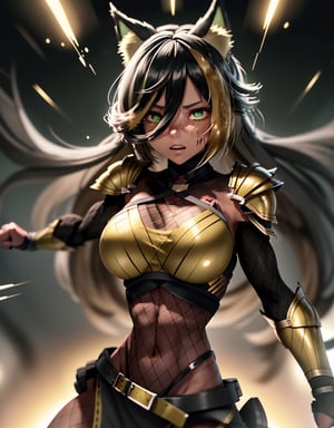 good quality, HD, particles of light, [((neko woman, hair, gray with light blue stripes, shiny, round eyes, green eyes with golden edges, shiny cupilas, good figure, light armor combat posture))]. fighter, attacking the viewer with her fists, attacking action, monsters in the distance, blood particles,perfect
