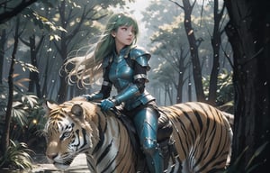 woman, 18 years old, ((long hair, shaved on the right side, white, blue-green bangs)). brunette, with light armor, riding a tiger, forest, rainy, particles, pores, realistic, blur to the surroundings, focus on the protagonist, illustrated, (title, Adventure),