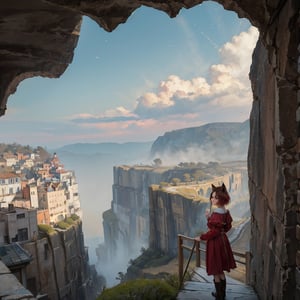 painting, Medieval Era, (City, on a cliff, walled, large population, houses hanging from the cliffs). lighting, dust particles, waterfalls, wind, view from the entrance, city of semi-humans, (Fox girl, short red hair, fox ears, semi-human, turning away from the camera, facing the camera, looking towards the city). isekai,