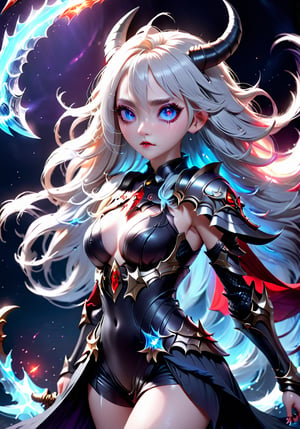 masterpiece, well illustrated, hd, charcoal particles, (((woman, long white hair (black, short horns), red left eye, light blue right eye, long eyelashes, round eyes, fangs, large body, heavy armor ))). (a scythe weapon in one hand), full body, purple light particles floating in the background, light, darkness, bags under the eyes, eyeliner ((watermark, Echo by Yawata)).,fantasy,Circle,weapon,anime,3d toon style,ice and water
