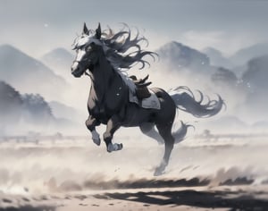 (Shire breed horse, white, running on the plain). white fur, wind effect, paronamic vision, HD, conical,Sketch