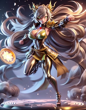 good quality, HD, particles of light, [((neko woman, hair, gray with light blue stripes, shiny, round eyes, green eyes with golden edges, shiny cupilas, good figure, light armor combat posture))]. fighter, attacking the viewer with her fists, attacking action, monsters in the distance, blood particles,perfect,JAR,girl