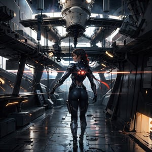 High quality, detailed, lighting, space, outside the planet, (((Spaceships, armored ships, armed, shooting at other ships))). [((Girl, 20 years old, captain, (body, good physique, perfect body), managing the combat ship, inside the ship, from behind, third-person view, tracking shot))]. illustrated, red alert state, shields, space war,