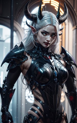 masterpiece, well illustrated, hd, charcoal particles, (((woman, long white hair (black, short horns), red left eye, light blue right eye, long eyelashes, round eyes, fangs, large body, heavy armor ))). (a scythe weapon in one hand), full body, purple light particles floating in the background, light, darkness, bags under the eyes, eyeliner ((watermark, Echo by Yawata)).,fantasy,Circle