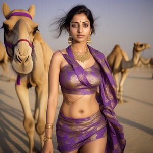 wearing purple and golden floral printed_bikini, walking on the desert, daytime, sunlight light from top focusing her face, feminine is 30 years old, seductive feminine from Panjab India, She has an olive complexion,her big reflective eyes, an elegant hairstyle, bellybutton piercing, highly detailed, diamond nose pin, stylish modern building surrounding, camels walking beside her