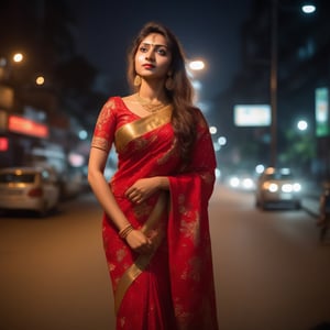 wearing red and golden floral india saree, walking on the road, night time, street light from top focusing her face, feminine is 30 years old, body is perfect fit, Bangladeshi feminine, her big reflective eyes, hair_past_waist, bellybutton piercing, highly detailed, diamond nose pin,
stylish modern building surrounding, Japanese people walking on roadside footpaths

