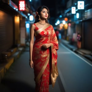 wearing red and golden floral printed_bikini, walking on the road, night time, street light from top focusing her face, feminine is 30 years old, body is perfect fit, feminine from south India, her big reflective eyes, hair_past_waist, bellybutton piercing, highly detailed, diamond nose pin,
stylish modern building surrounding, Japanese people walking on road side footpath
