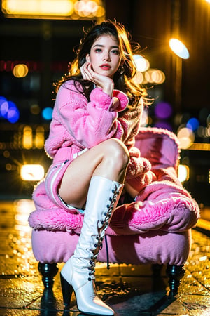 1 girl, wo_barbpalvin01, ((long closed pink furry seater)), white heel boots,(realistic:1.3), masterpiece, UHD:1.2, perfect female figure, long sexy legs, perfect thighs, realistic face details, Real face skin texture, detailed face,real perfect limbs, real perfect anatomy, better_hands, details skin pores, Real skin, the real female body, perfect hands, perfect fingers, ((bokeh)), blurry_background, DSLR photo, extremely beautiful background, beautiful cinema scene, different poses, More Detail, 