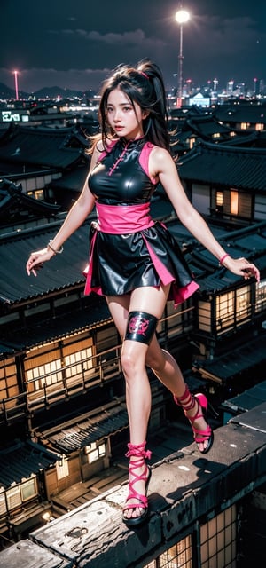 masterpiece, best quality,1 girl, kunoichi, transparent clothes, pastel colour, low contrast,gigantic_breasts ,rooftop ancient japan, ,yuzu, dynamic move, at night, landscape photo, ,dragon ear,  bike, neon pink-black          dress ,perfecteyes,bul4n