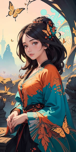 covered in medium and orange stars and butterflies(masterpiece, top quality, best, official art, beautiful and aesthetic:1.2),(masterpiece, top quality, best quality, official art, beautiful and aesthetic:1.2),(masterpiece, top quality, best quality, official art, beautiful and aesthetic:1.2), (1girl:1.3), extreme detailed,(fractal art:1.3),colorful,highest detailed,bul4n