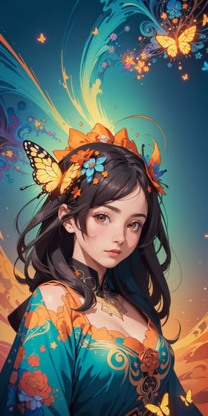 covered in medium and orange stars and butterflies(masterpiece, top quality, best, official art, beautiful and aesthetic:1.2),(masterpiece, top quality, best quality, official art, beautiful and aesthetic:1.2),(masterpiece, top quality, best quality, official art, beautiful and aesthetic:1.2), (1girl:1.3), extreme detailed,(fractal art:1.3),colorful,highest detailed,bul4n