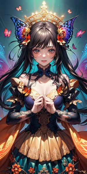 covered in medium and orange stars and butterflies(masterpiece, top quality, best, official art, beautiful and aesthetic:1.2),(masterpiece, top quality, best quality, official art, beautiful and aesthetic:1.2),(masterpiece, top quality, best quality, official art, beautiful and aesthetic:1.2), (1girl:1.3), extreme detailed,(fractal art:1.3),colorful,highest detailed,bul4n