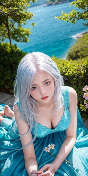 1 girl, white hair, long hair, hair forward, light blue eyes, deep gaze, lying on the ground under a tree, view from above, flowers all over the floor, super detailed image, perfect face, mix of fantasy and realism , hdr, ultra hd, 4k, 8k,bul4n