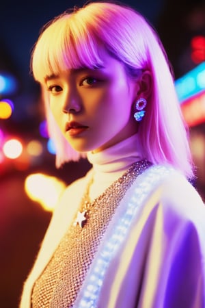 goth_punk,  roblit,  1girl,  robot,  solo,  medium shot,  walking in Harajuku,  ((night time:1.2)),  bokeh,  neon light,  (colourful background:1.2),  iridescent eyes,  starry sky,  white shimmer hair,  white eyebrow,  glowing hair,  (iridescent white hair),  earrings,  bangs,  jewellery,  mask,  blunt bangs,  green eyes,  mouth mask,  blurry background,  blurry,  hair ornament,  looking at the viewer,  short hair,  portrait,  sidelocks,  (with a robotic dragon pet wrapped around the body:1.2)