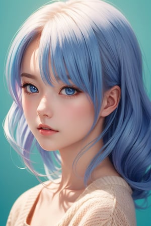 anime ,realistic ,sketch , 1girl, ,lip, Sweater,order, Blue gradient background, Neon hair,Textured crop, Canadian , (masterpiece,best quality,niji style)