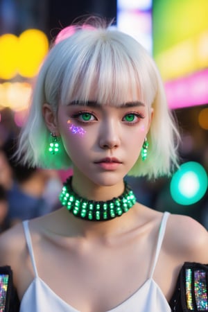 goth_punk,  roblit,  1girl,  robot,  solo,  medium shot,  walking in Harajuku,  ((night time:1.2)),  bokeh,  neon light,  (colourful background:1.2),  iridescent eyes,  starry sky,  white shimmer hair,  white eyebrow,  glowing hair,  (iridescent white hair),  earrings,  bangs,  jewellery,  mask,  blunt bangs,  green eyes,  mouth mask,  blurry background,  blurry,  hair ornament,  looking at the viewer,  short hair,  portrait,  sidelocks,  (with a robotic dragon pet wrapped around the body:1.2)