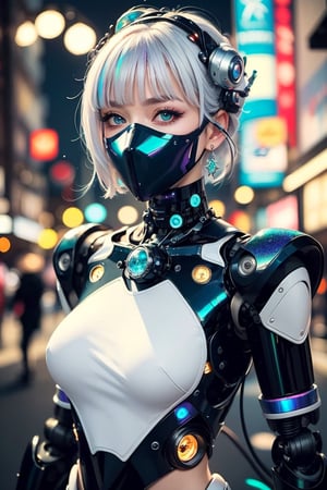 goth_punk, roblit, 1girl, robot, solo, medium shot, walking in Harajuku, ((night time:1.2)), bokeh, neon light, (colourful background:1.2), iridescent eyes, starry sky, white shimmer hair, white eyebrow, glowing hair, (iridescent white hair), earrings, bangs, jewellery, mask, blunt bangs, green eyes, mouth mask, blurry background, blurry, hair ornament, looking at the viewer, short hair, portrait, sidelocks, (with a robotic dragon pet wrapped around the body:1.2),