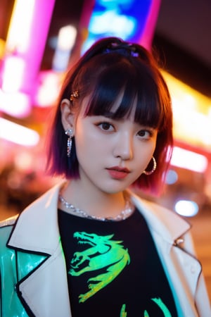 goth_punk,  roblit,  1girl,  robot,  solo,  medium shot,  walking in Harajuku,  ((night time:1.2)),  bokeh,  neon light,  (colourful background:1.2),  iridescent eyes,  starry sky,  white shimmer hair,  white eyebrow,  glowing hair,  (iridescent white hair),  earrings,  bangs,  jewellery,  mask,  blunt bangs,  green eyes,  mouth mask,  blurry background,  blurry,  hair ornament,  looking at the viewer,  short hair,  portrait,  sidelocks,  (with a robotic dragon pet wrapped around the body:1.2)