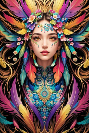 (masterpiece, top quality, best quality, official art, beautiful and aesthetic:1.2), (1girl:1.3), extremely detailed,(fractal art:1.1),(colorful:1.1)(flowers:1.3),highest detailed,(zentangle:1.2), (dynamic pose), (abstract background:1.3), (shiny skin), (many colors:1.4), ,(earrings), (feathers:1.5)