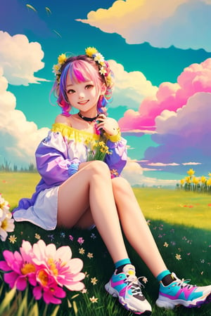 (1 girl:1.5, loli:1.3,cute girl:1.2, cos:1.2, teen girl, moe) Kindergarten,double bun,gray gradient hair,air bangs,double braids,(smiling:1.2),latex,jitome,border,Altostratus,(Sky:1.2),(Colorful Cloud:1.8) Landscape,Outdoor,Solo,Long Hair,Trees,Flowers,Skirt,Sitting,Shoes,(Grass: 2) (Dew:1.1),Buildings,spectators,signs,long sleeves,power poles,Landscape,sports shoes,open clothes,purple flowers,collarbone,off shoulder,Red flowers,roads,white shoes,wires,(Yellow flowers, pink flowers, white flowers:1.5),