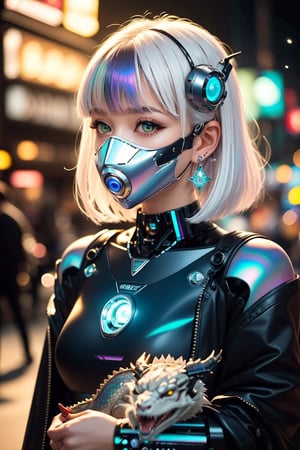 goth_punk, roblit, 1girl, robot, solo, medium shot, walking in Harajuku, ((night time:1.2)), bokeh, neon light, (colourful background:1.2), iridescent eyes, starry sky, white shimmer hair, white eyebrow, glowing hair, (iridescent white hair), earrings, bangs, jewellery, mask, blunt bangs, green eyes, mouth mask, blurry background, blurry, hair ornament, looking at the viewer, short hair, portrait, sidelocks, (with a robotic dragon pet wrapped around the body:1.2),