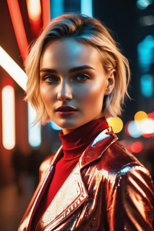 (Full body photo), (A beautiful 35 years old Russian girl: (Polina Gagarina), like a Russian princess with clothes from Russian culture but modernised with futuristic elements, with very intricate and elegant details. On her head she is wearing a large metallic red Kokoshnik in a circular shape. background of a future Russian city with skyscrapers, on a busy and elegant avenue, professional photograph taken with Canon EOS R5, photorealistic, intricate details, sharp 8k, (neon lighting and volumetric lights on her face and body), (neon ambient lighting), (neon ambient lighting),